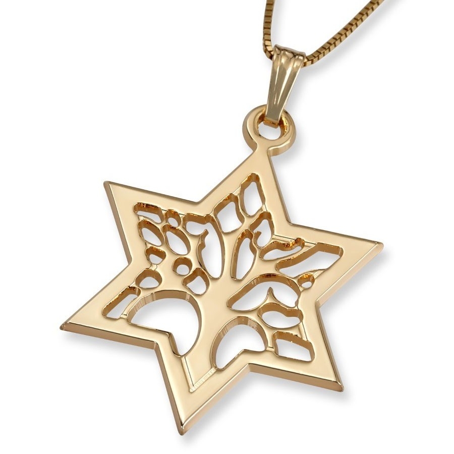 14K Gold Star of David Pendant with Tree of Life - 1
