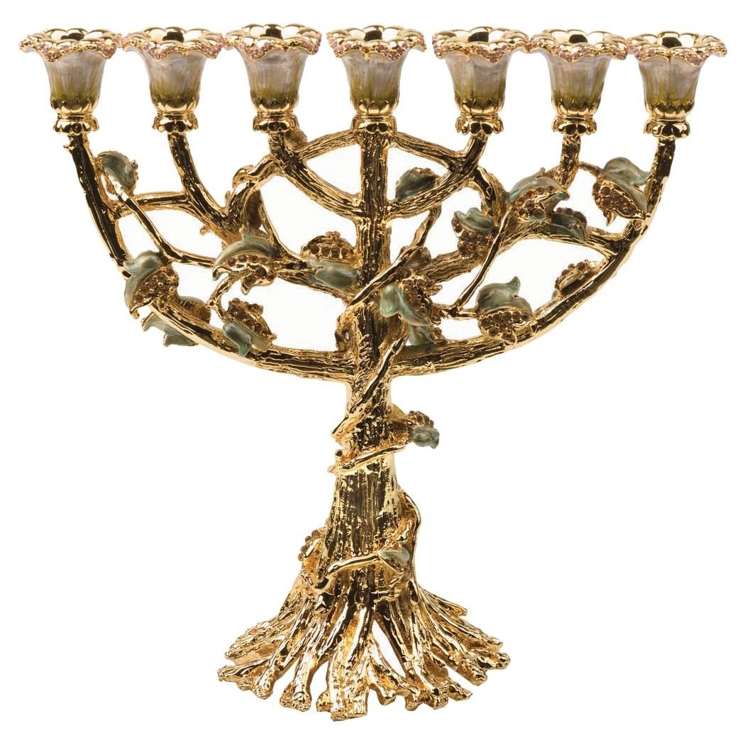 24k Gold Plated Fleur-de-Lis Menorah - Ivory with Amber Crystals - 1
