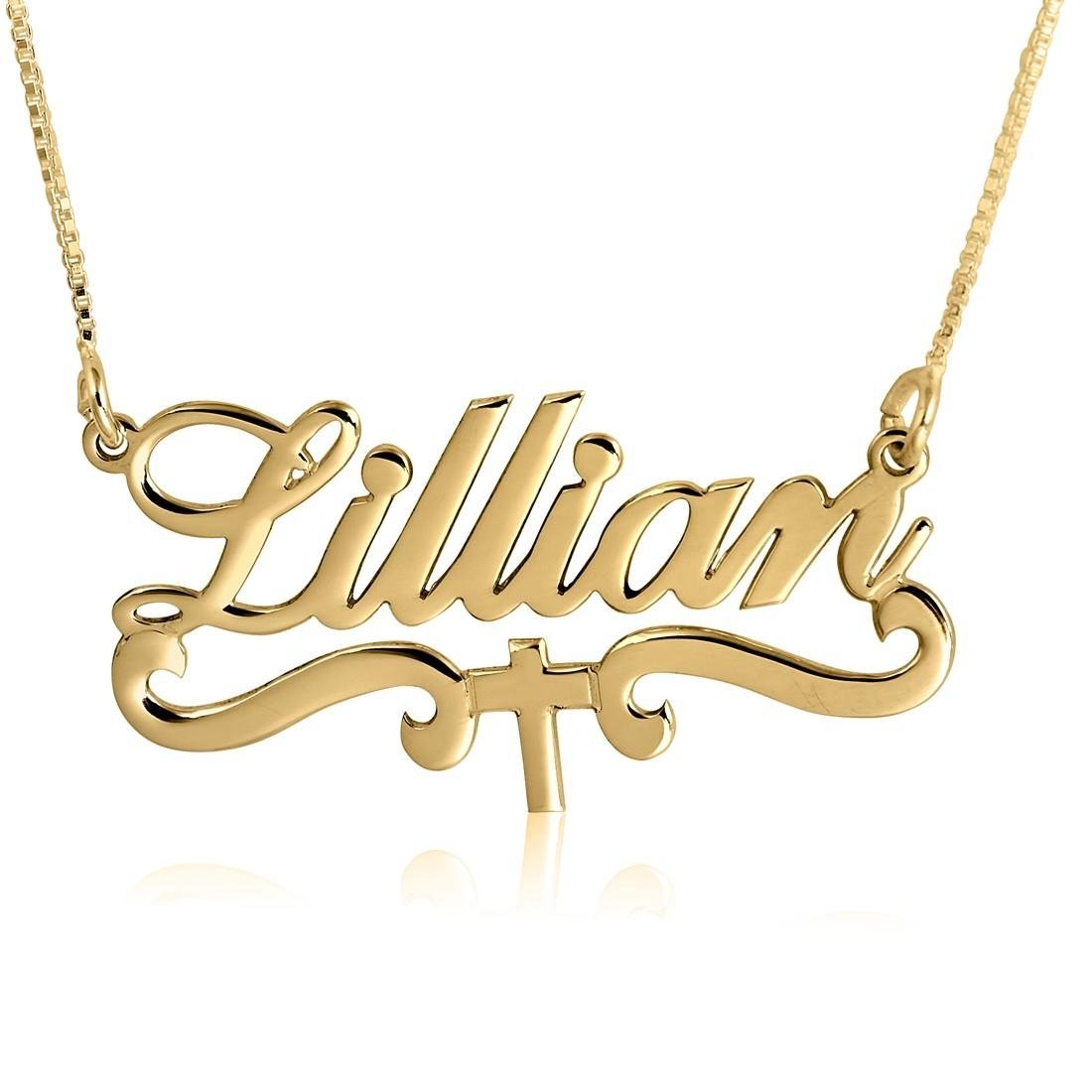 24K Gold Plated Script Name Necklace with Cross and Embellishments - 1