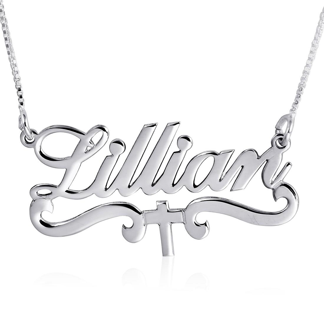 Sterling Silver Script Personalized Name Necklace with Cross and Embellishments - 1