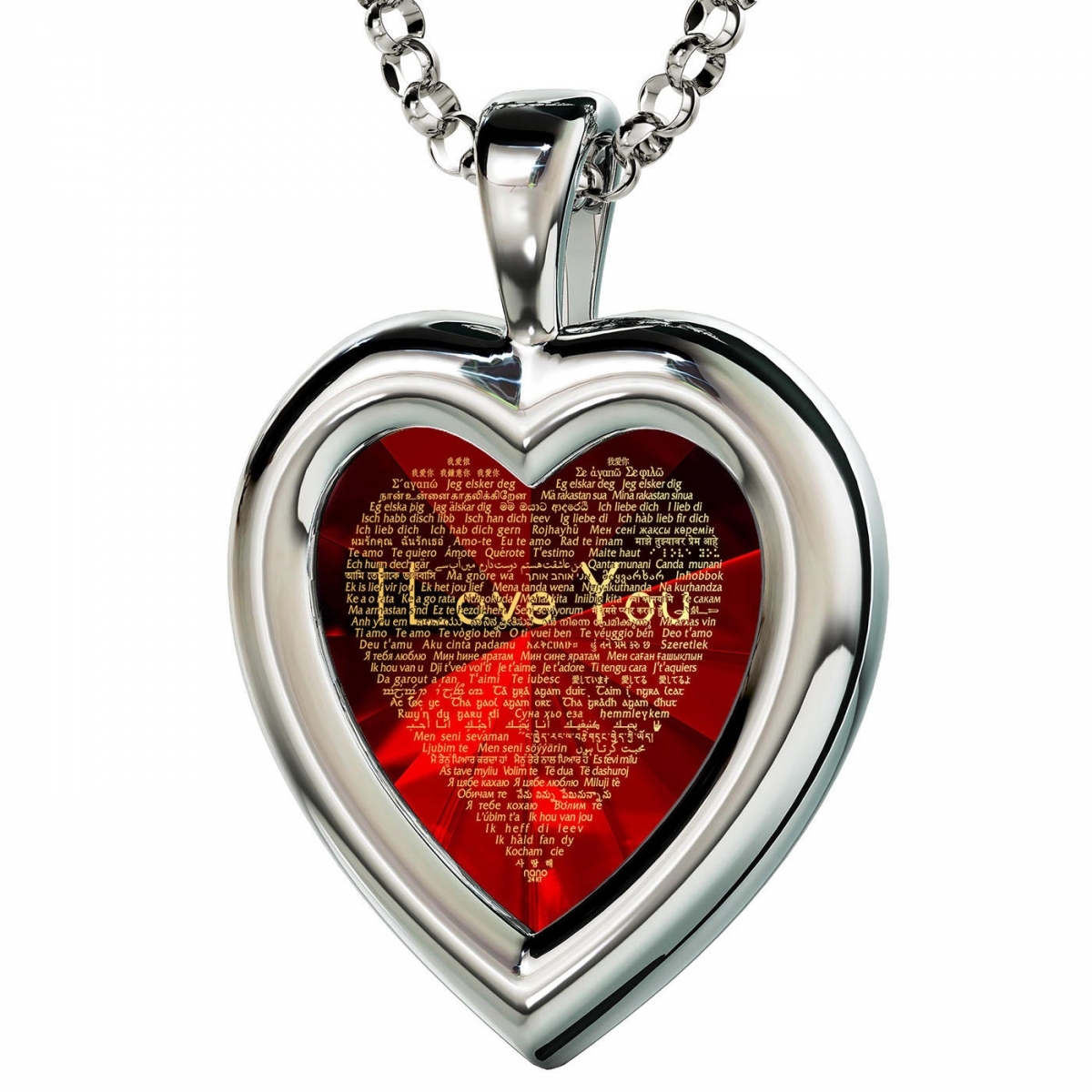 Sterling Silver Heart Necklace featuring "I Love You" in 120 Languages - 1