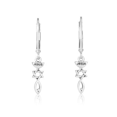 Sterling Silver Jesus and Messianic Seal Dangling Earrings - 1
