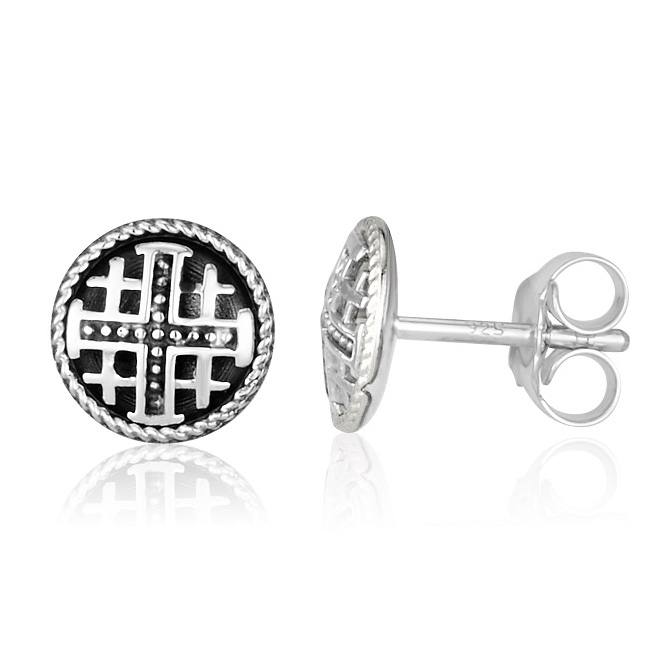 Sterling Silver Jerusalem Cross Round Stud Earrings with Dotted Design - 1