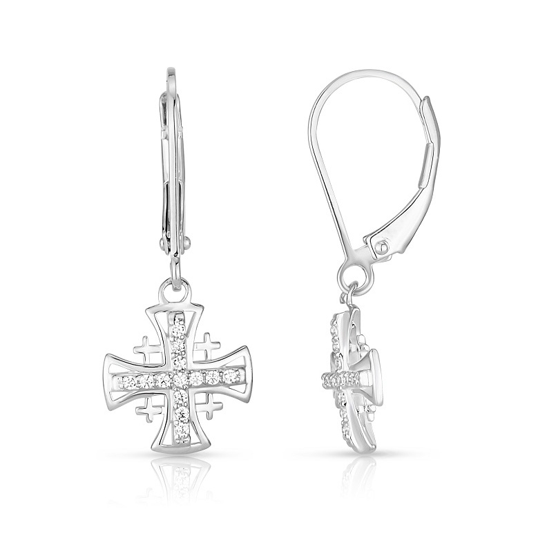 Sterling Silver Dangling Jerusalem Cross Earrings with Gemstones - 1