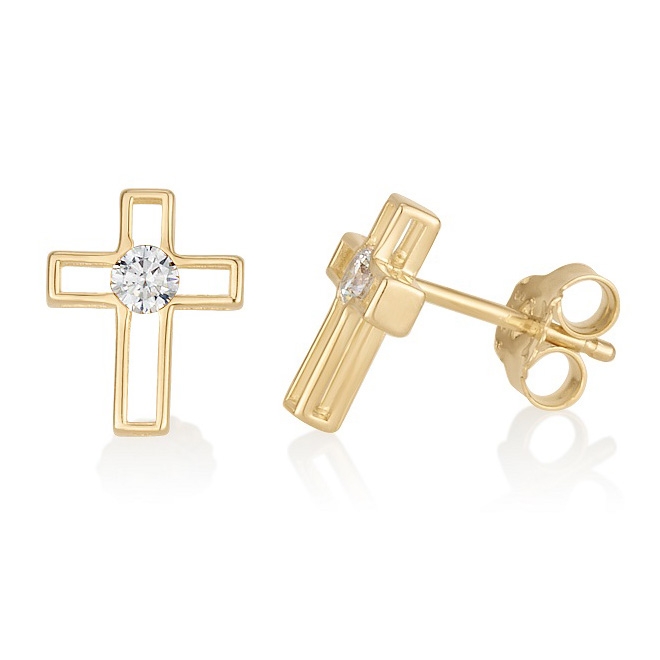 Gold-Plated Sterling Silver Latin Cross Outline Stud Earrings with Gemstones - 1