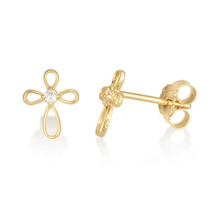 Gold-Plated Sterling Silver Elegant Twist Latin Cross Stud Earrings with Gemstones - 1