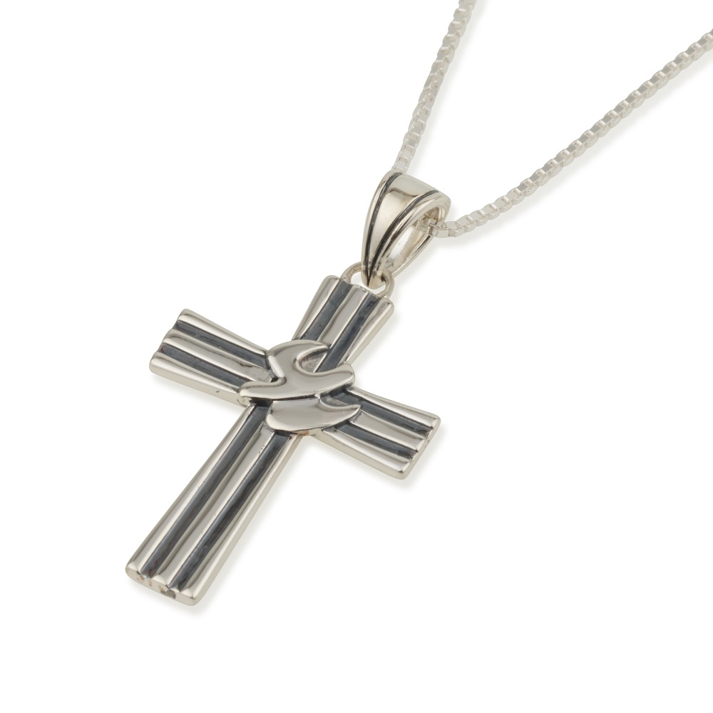 Sterling Silver Latin Cross Pendant with Holy Spirit and Line Design - 1