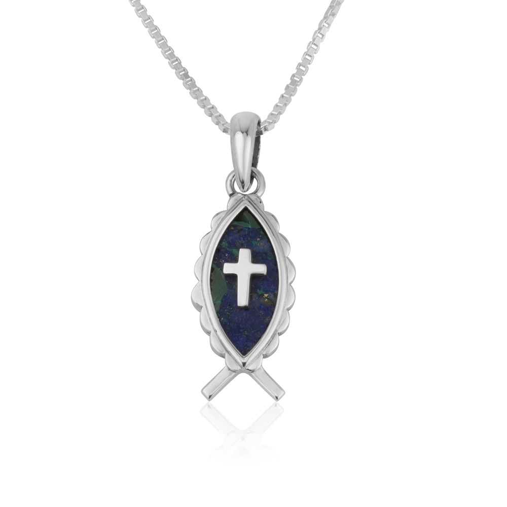 Women's Sterling Silver Ichthus Pendant with Eilat Stone and Latin Cross - 1