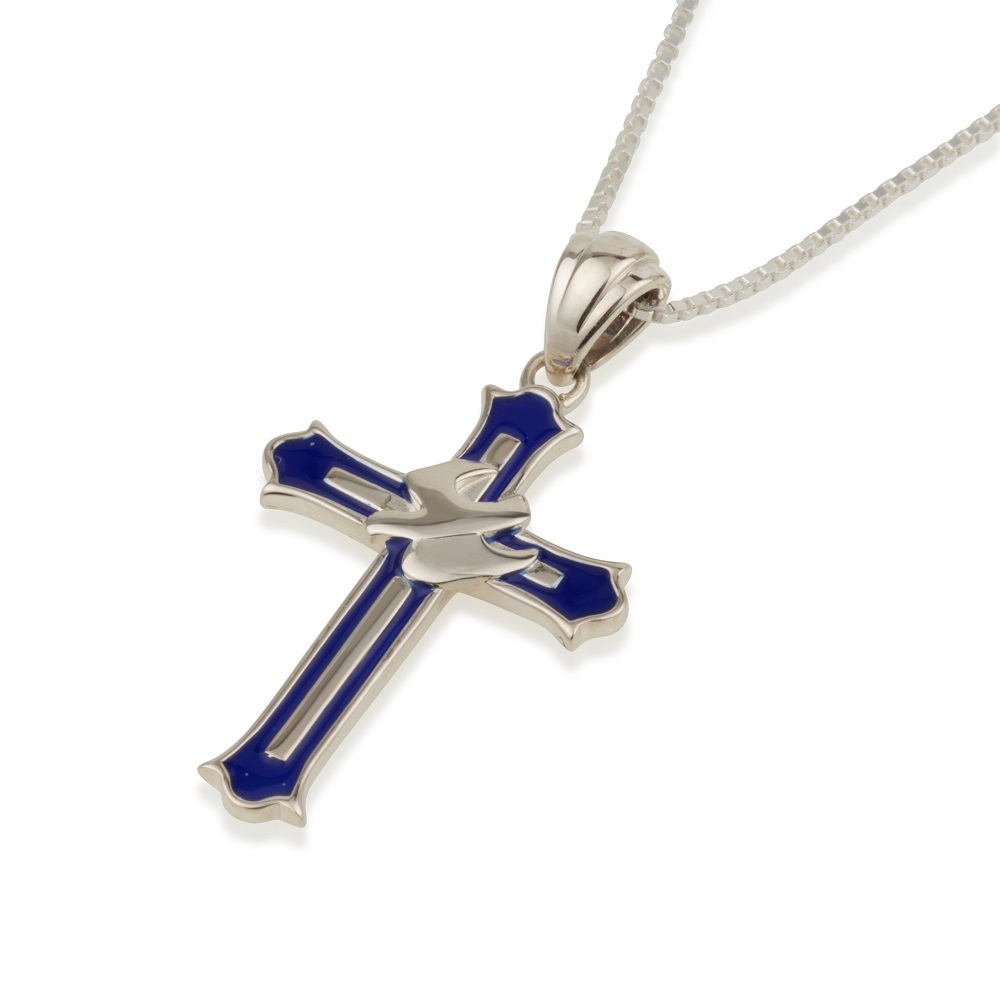 Sterling Silver and Blue Enamel Latin Cross Necklace with Holy Spirit - 1