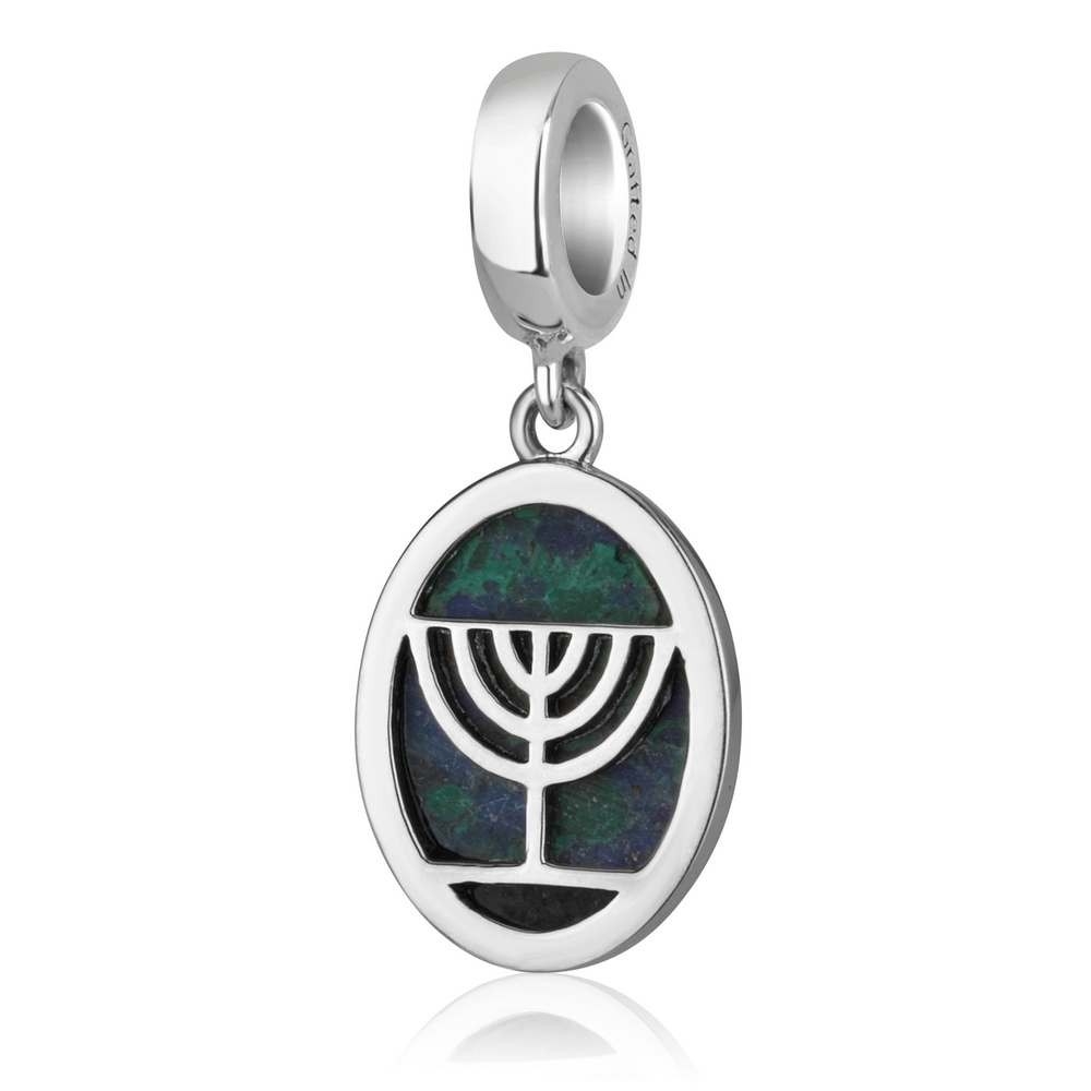 Marina Jewelry Sterling Silver Oval Menorah Pendant Charm with Eilat Stone  - 1
