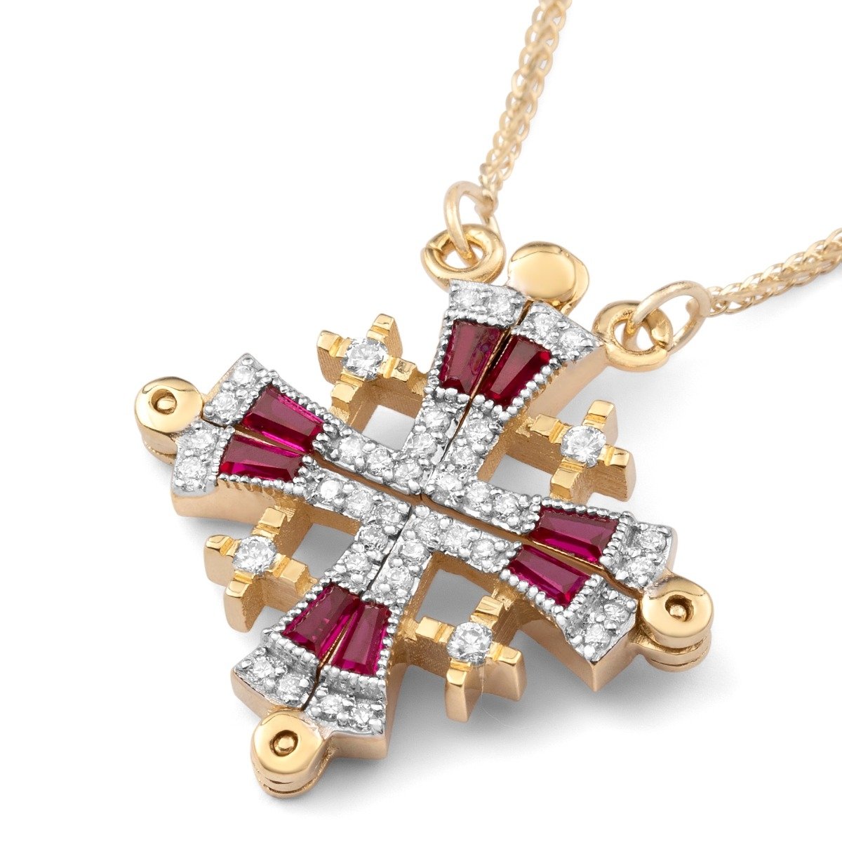 Anbinder Jewelry 14K Gold Jerusalem Cross Diamond Necklace with Ruby Stones - 1