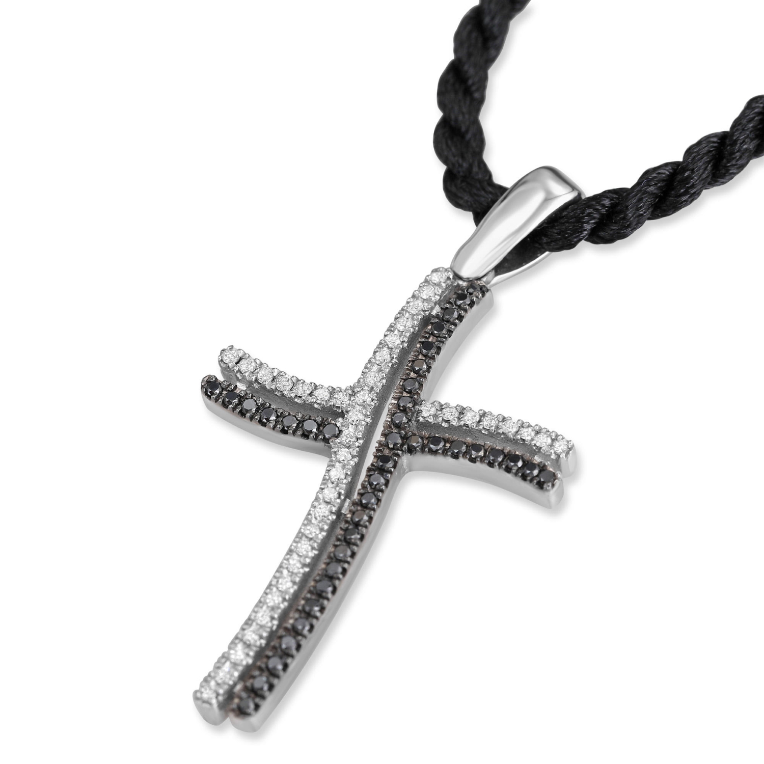 14K White Gold Double Outline Cross Necklace with White and Black Diamonds - 1