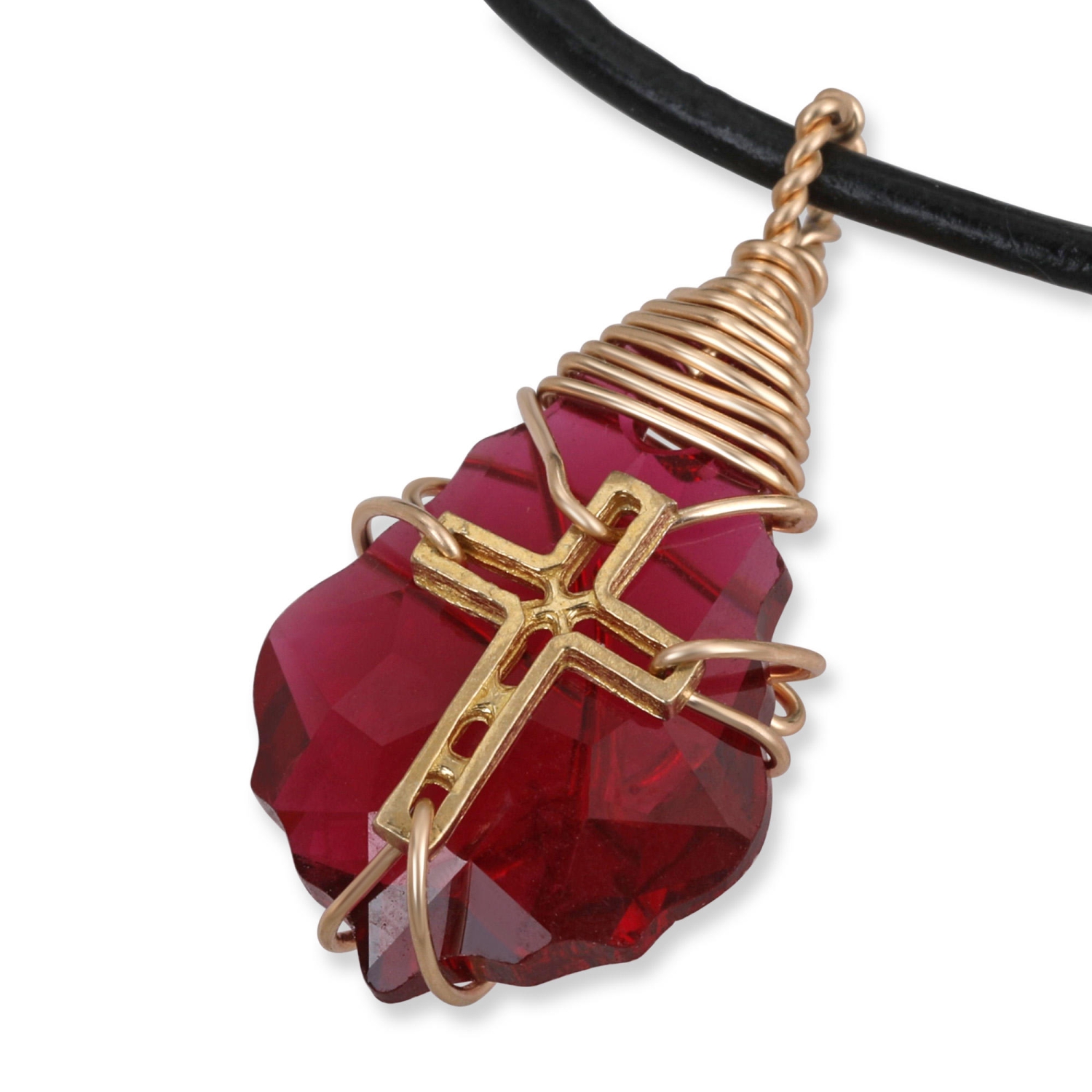 Swarovski Crystal and Gold Filled Postmodern Cross Necklace (Wine Red) - 1