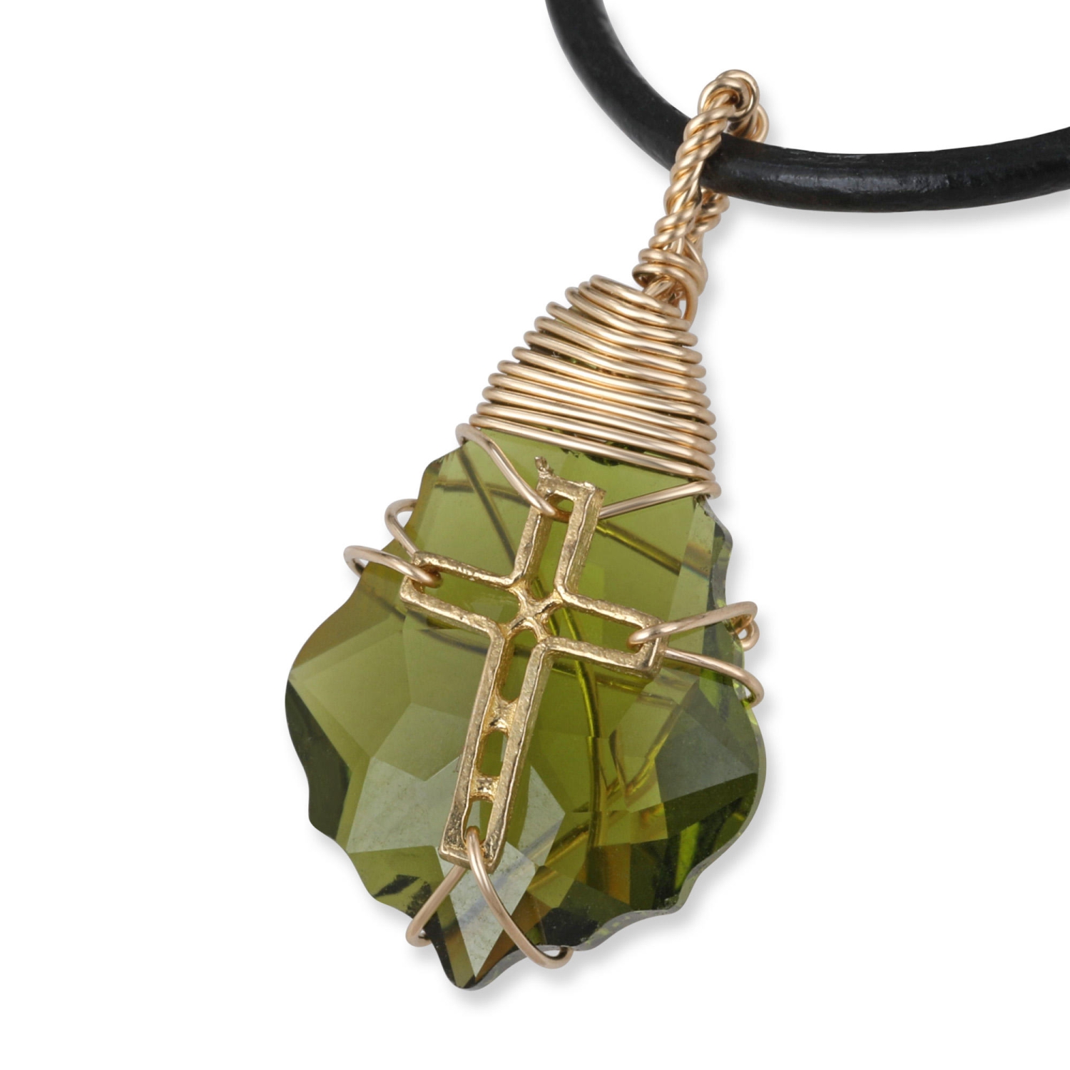 Swarovski Crystal and Gold Filled Postmodern Cross Necklace (Green) - 1