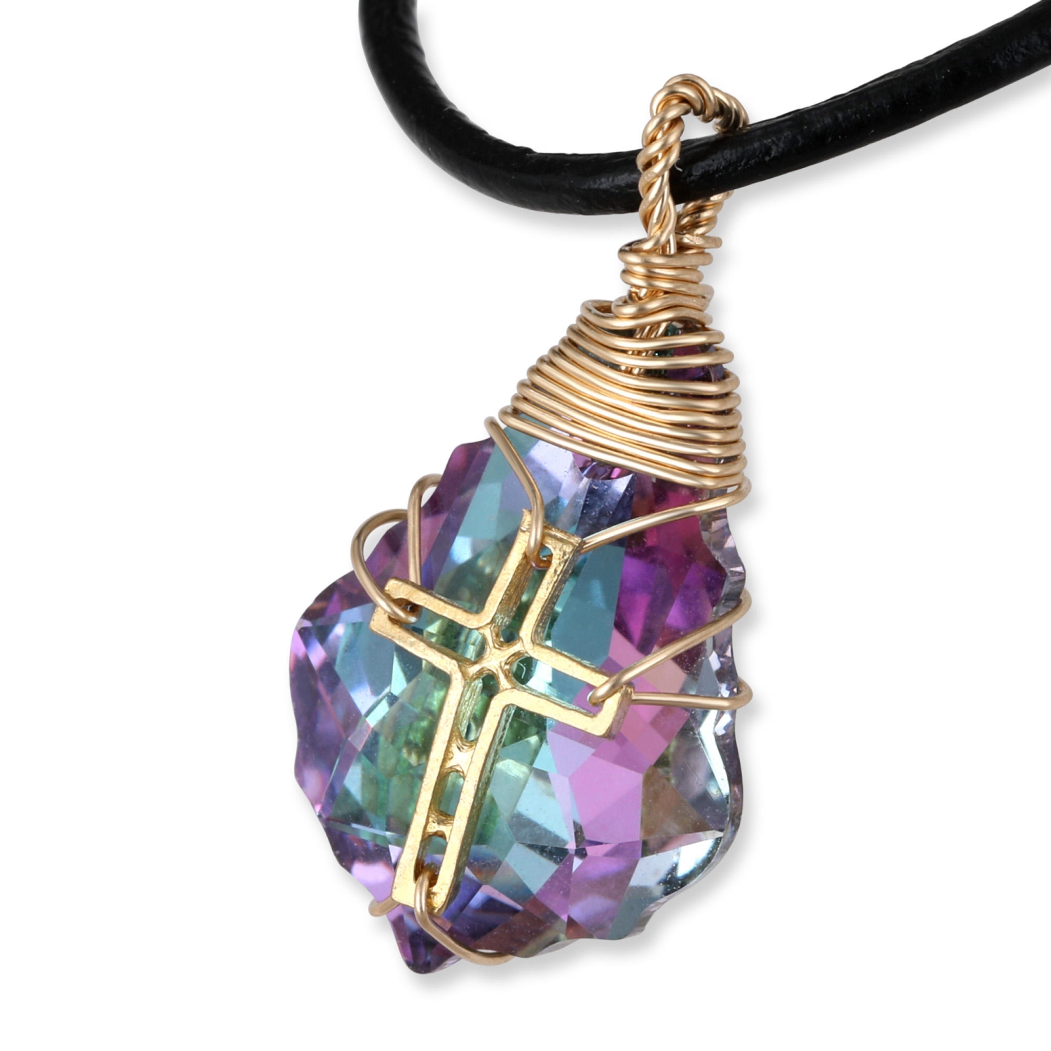 Swarovski Crystal and Gold Filled Postmodern Cross Necklace (Iridescent Blue/Purple) - 1