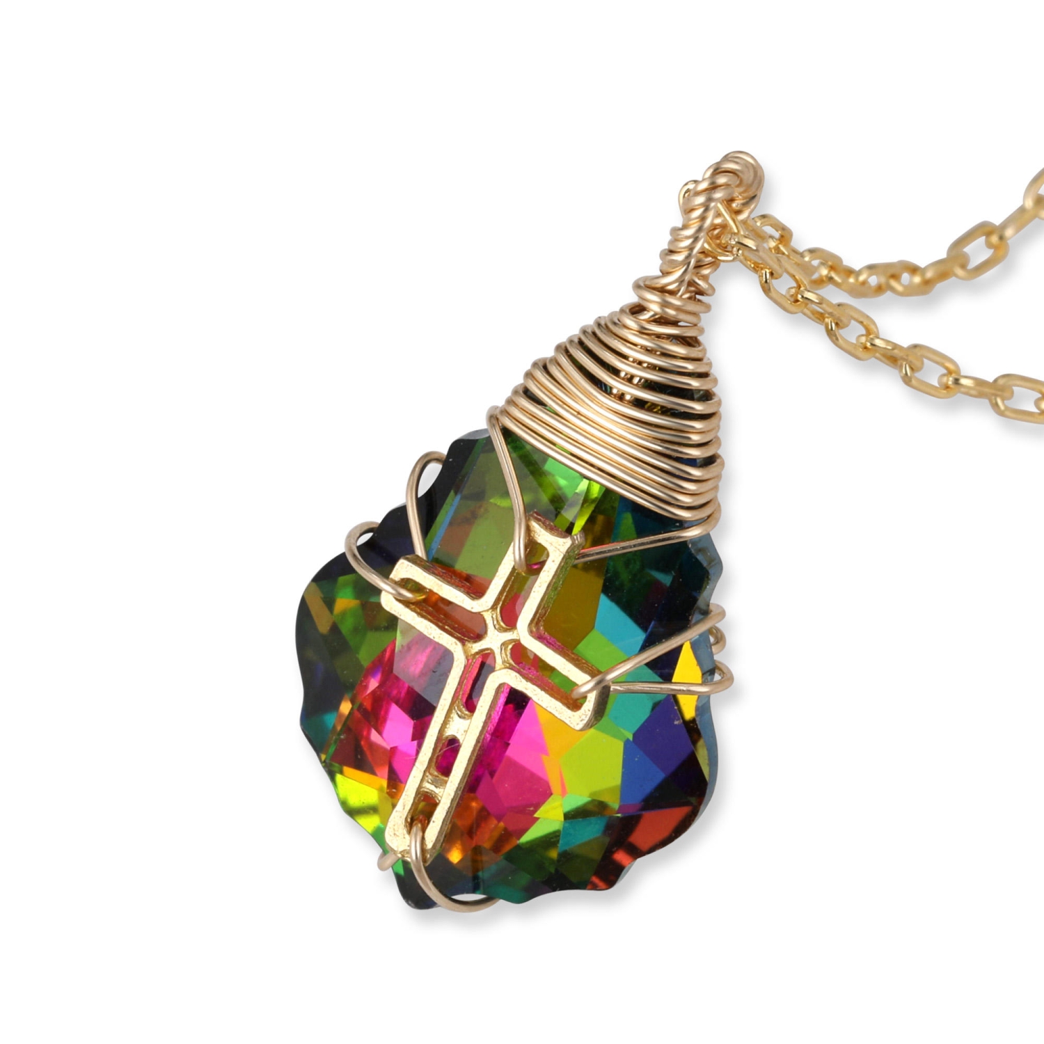 Swarovski Crystal and Gold Filled Postmodern Cross Necklace (Iridescent Rainbow) - 1