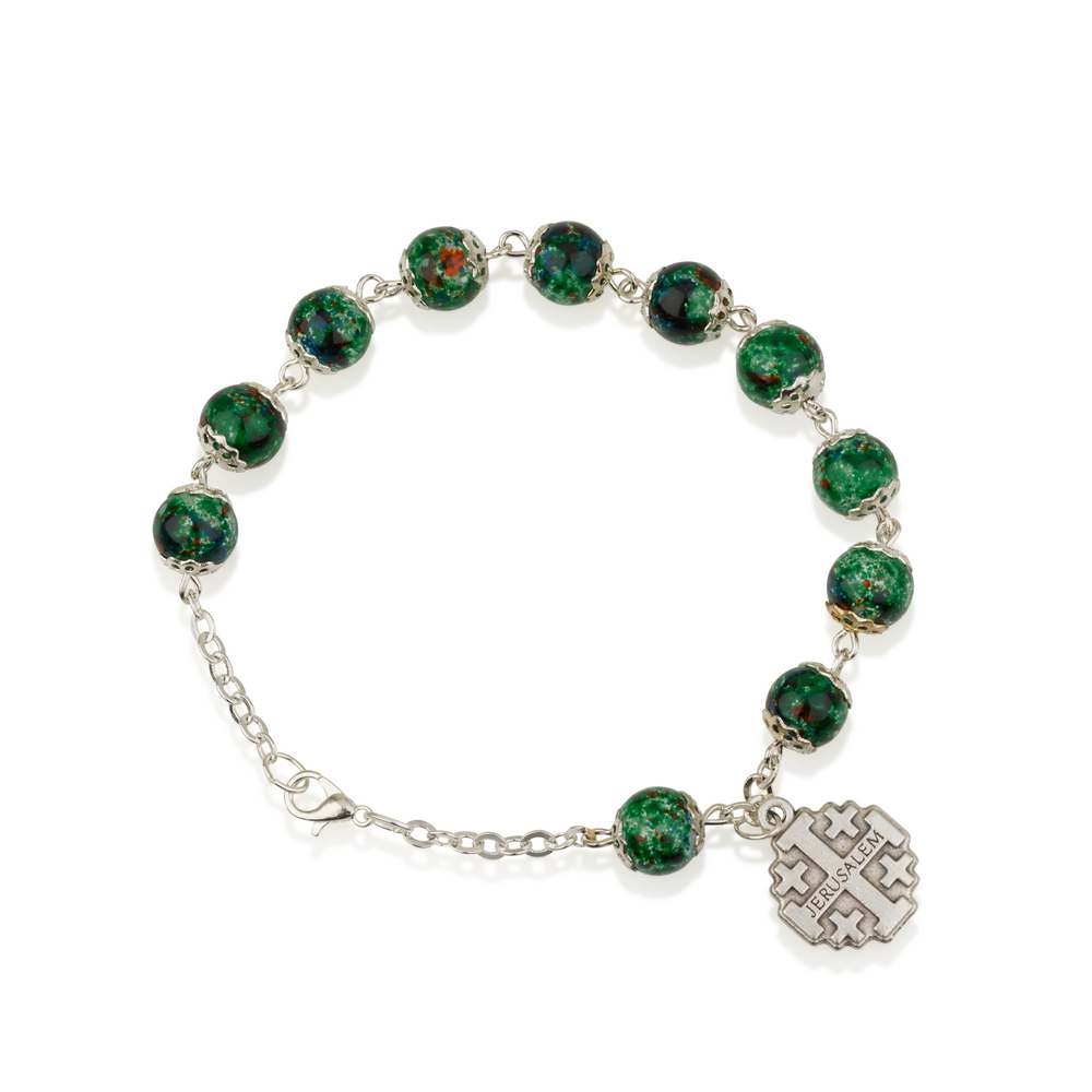 Holyland Rosary Green Beaded Rosary Bracelet with Jerusalem Cross Charm - 1