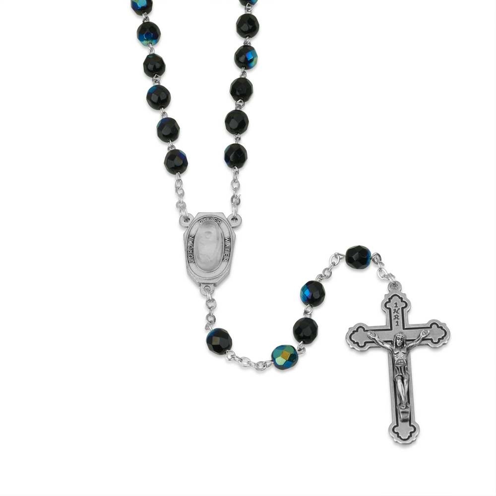 Holyland Rosary Black Faceted Round Beaded Rosary with Jordan River Water and Crucifix - 1