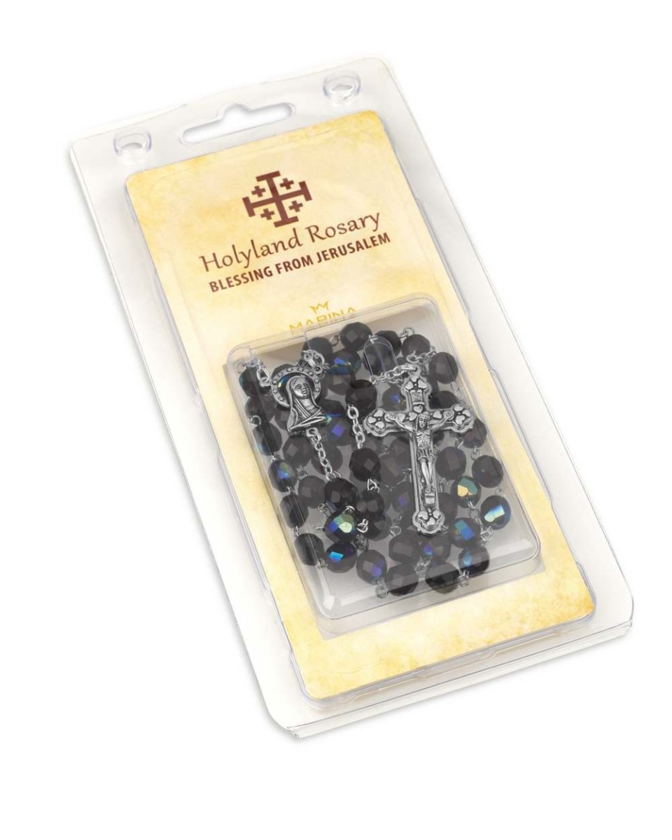 Holyland Rosary Black Faceted Round Beaded Rosary with Crucifix and Mary Charm - 5