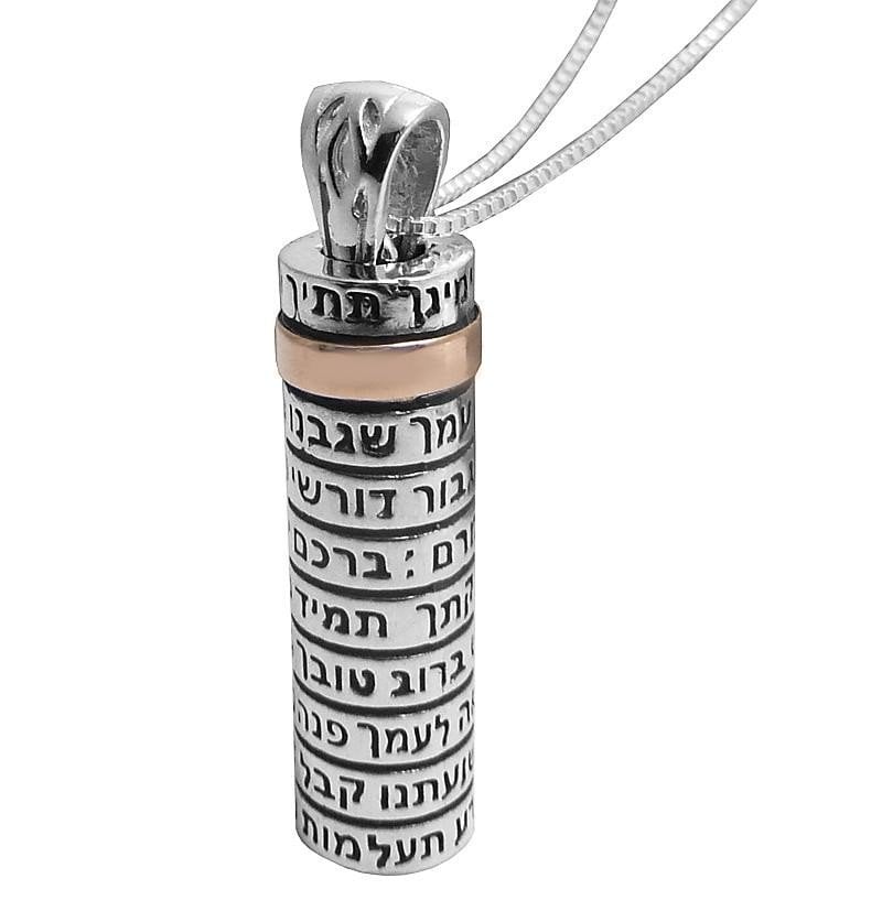 925 Sterling Silver and 9K Gold Mezuzah Necklace With Mystical Prayer - 1