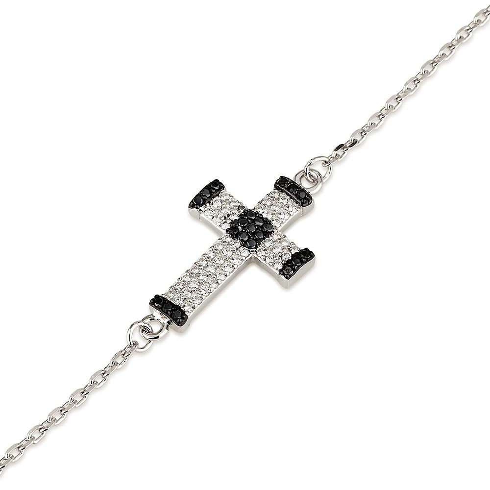 925 Sterling Silver Latin Cross Bracelet with White and Black Zircon Stones - 1