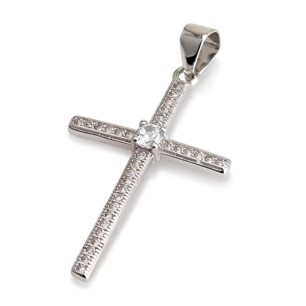 925 Sterling Silver Latin Cross Pendant with Large White Zircon Stone - 1