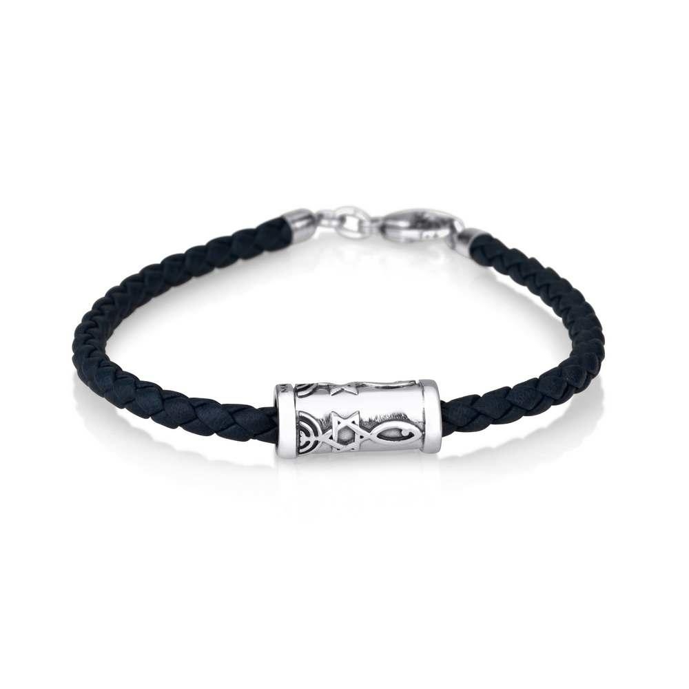 Marina Jewelry Sterling Silver Black Braided Leather Grafted-In Bead Christian Charm Bracelet - 1
