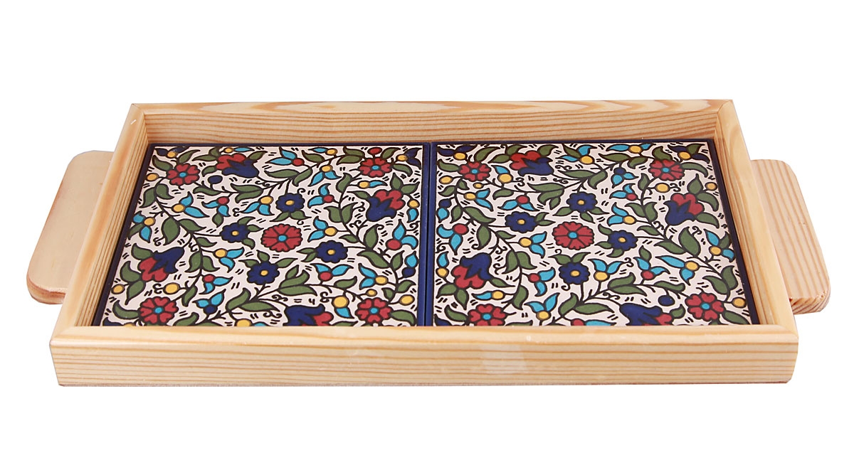 Armenian Ceramic & Wood Breakfast Tray (Colorful Flowers and Vines) - 1