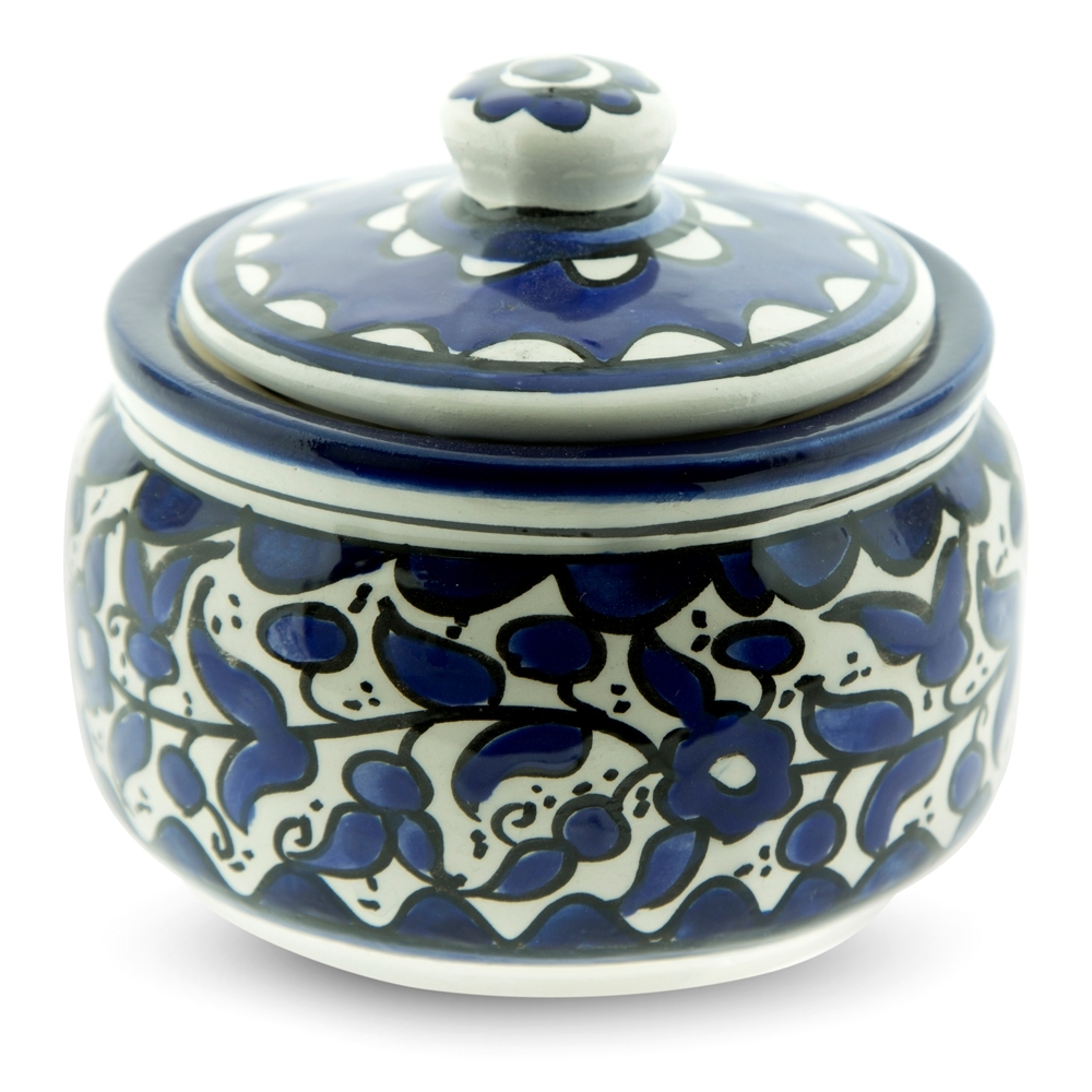 Armenian Ceramic Blue and White Floral Sugar Bowl  - 1