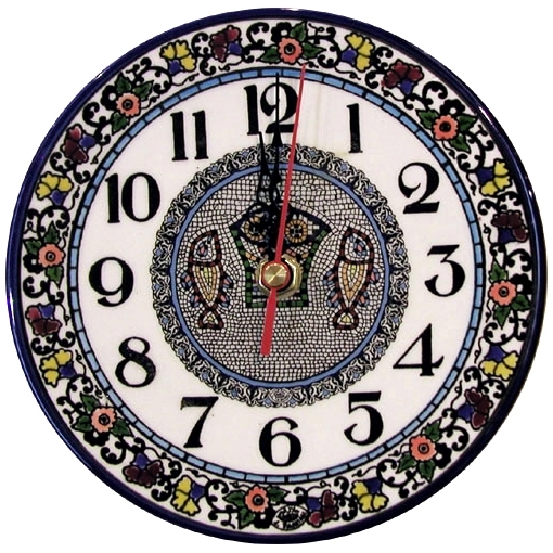 Armenian Ceramic Tabgha Fish Mosaic and Floral Wall Clock - 1