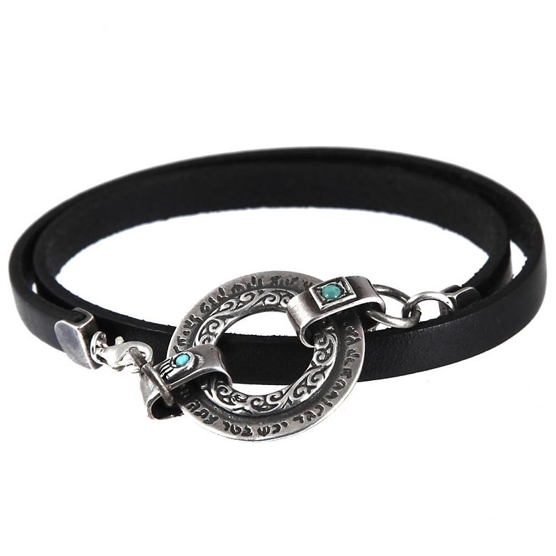 Black Leather and 2-Sided Silver Wheel Priestly Blessing & Ana Bekoach  Bracelet with Turquoise Stones - 1