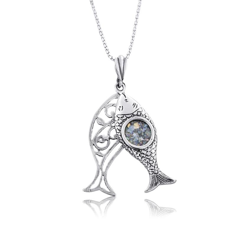 Roman Glass and Sterling Silver Fish Necklace - 2