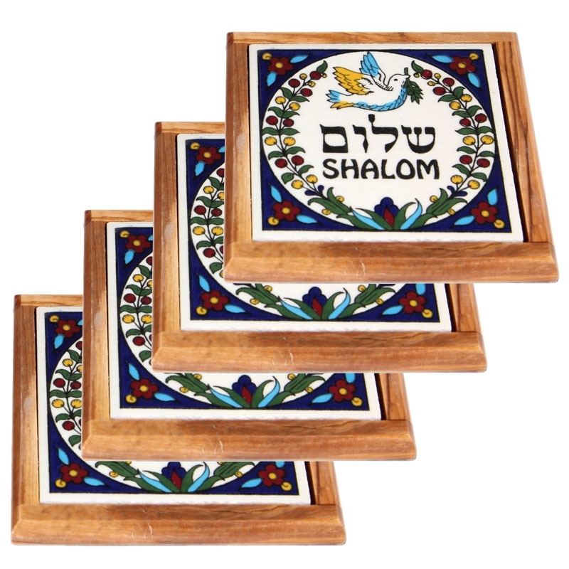 Olive Wood & Armenian Ceramic "Shalom" Coasters - Set of 4 - 1
