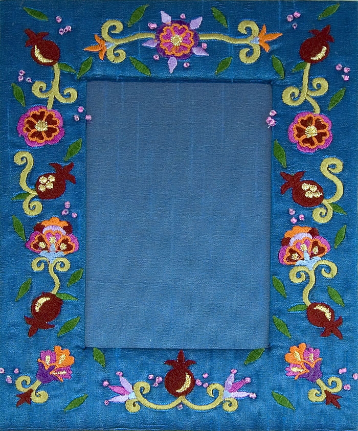 Yair Emanuel Floral Pomegranates Embroidered Picture Frame (Blue) - 1