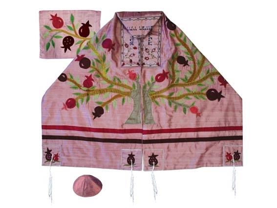 Yair Emanuel Embroidered Raw Silk Embroidered Pomegranates and Tree of Life Prayer Shawl  (Pink)   - 1