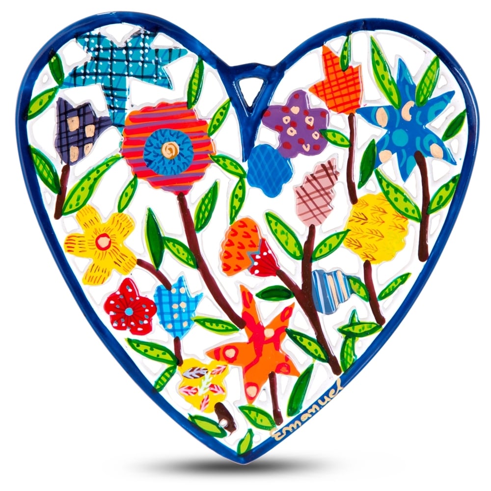 Yair Emanuel Hand Painted Heart Shaped Wall Hanging (Flowers) - 1