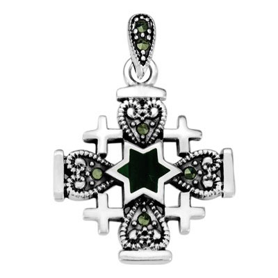 Sterling Silver and Colored Gemstones Art Deco Star of David Jerusalem Cross Necklace - 1
