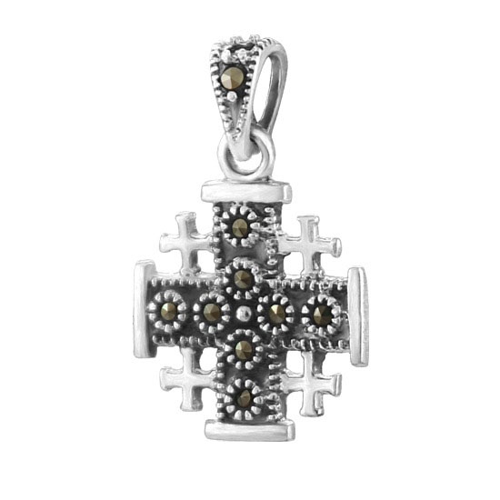 Small Sterling Silver and Marcasite Jerusalem Cross Pendant with Inscription - 1