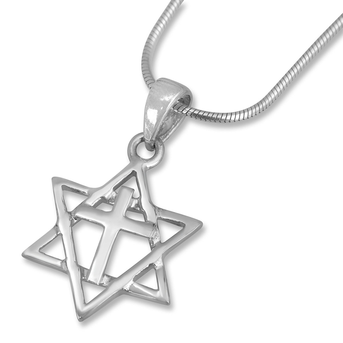 Sterling Silver Classic Messianic Star of David with Cross Necklace   - 1