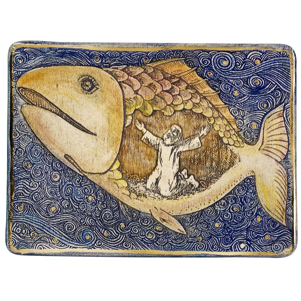 Art In Clay Limited Edition Ceramic Plaque Wall Hanging with Jonah and the Fish with 24K Gold Accents - 1