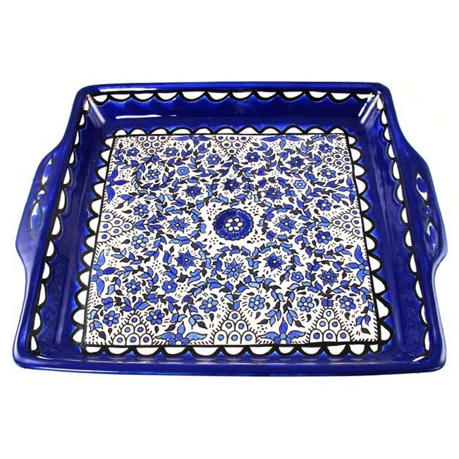 Armenian Ceramic Square Serving Tray (White and Blue Flowers and Vines) - 1