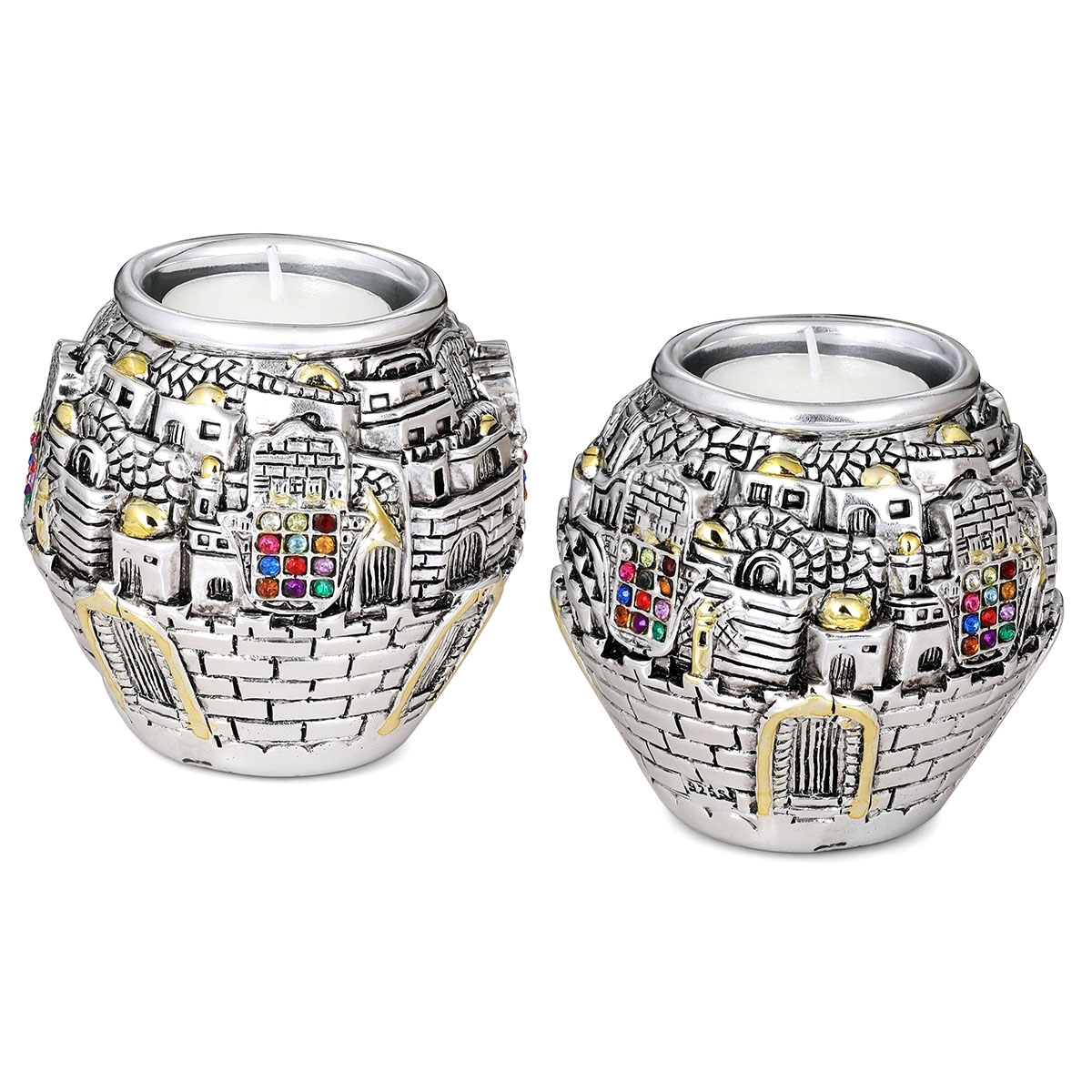 Silver-Plated Round Jerusalem Candlesticks with Priestly Breastplate  - 1
