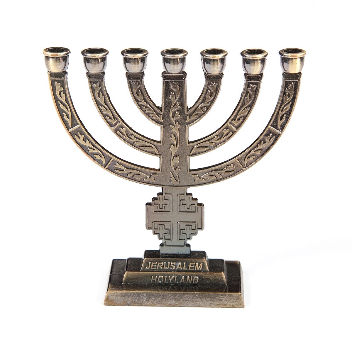 Bronze Colored Metal Jerusalem Cross Seven-Branched Menorah with Vine Design - 1