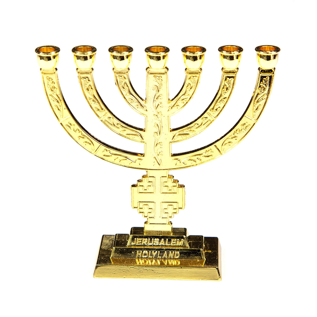 Gold Colored Metal Jerusalem Cross Seven-Branched Menorah with Vine Design - 1