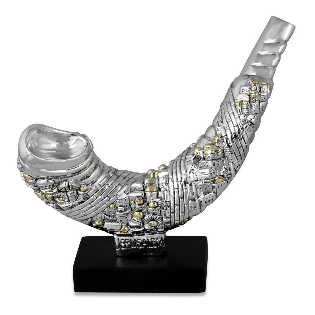 Silver Plated Miniature Shofar Statuette with Jerusalem Design - 1