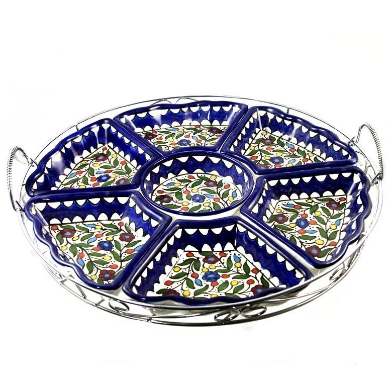Armenian Ceramic 8-Piece Service Tray Set with Flower Motif - 1