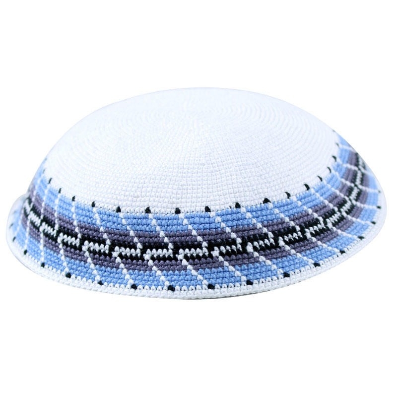 Hand Crocheted White Kippah with Light Blue and Gray Zigzag Border - 1