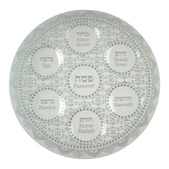 Large Ornate White and Gray Glass Passover Seder Plate - 1