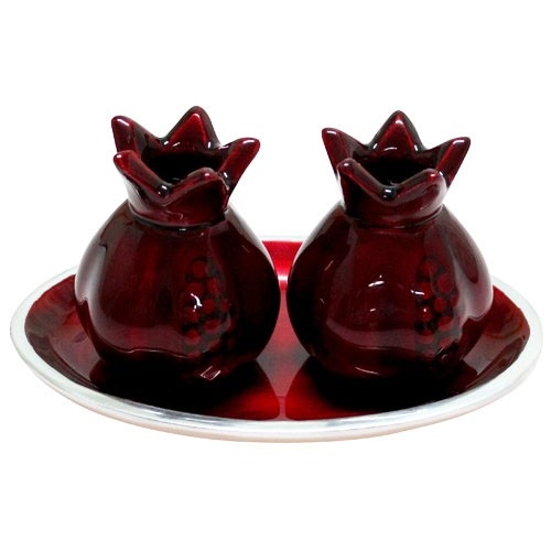 Enameled Aluminum Pomegranate Candlesticks with Tray (Red) - 1