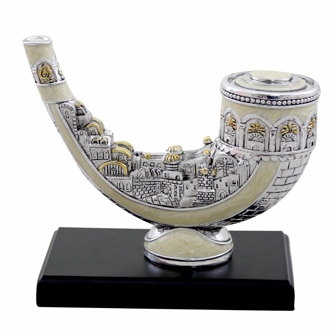 Silver Plated and Enamel Shofar Miniature Figurine with Jerusalem Design - 1
